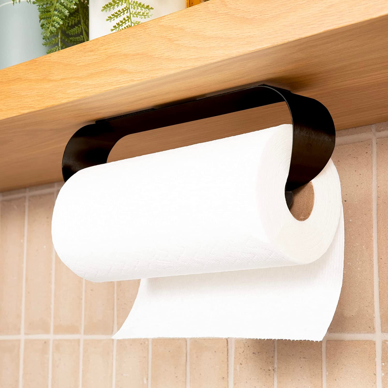 Wood Grip | Contemporary Paper Towel Holder Under Cabinet | Paper Towel Holder Countertop (Matte Black)