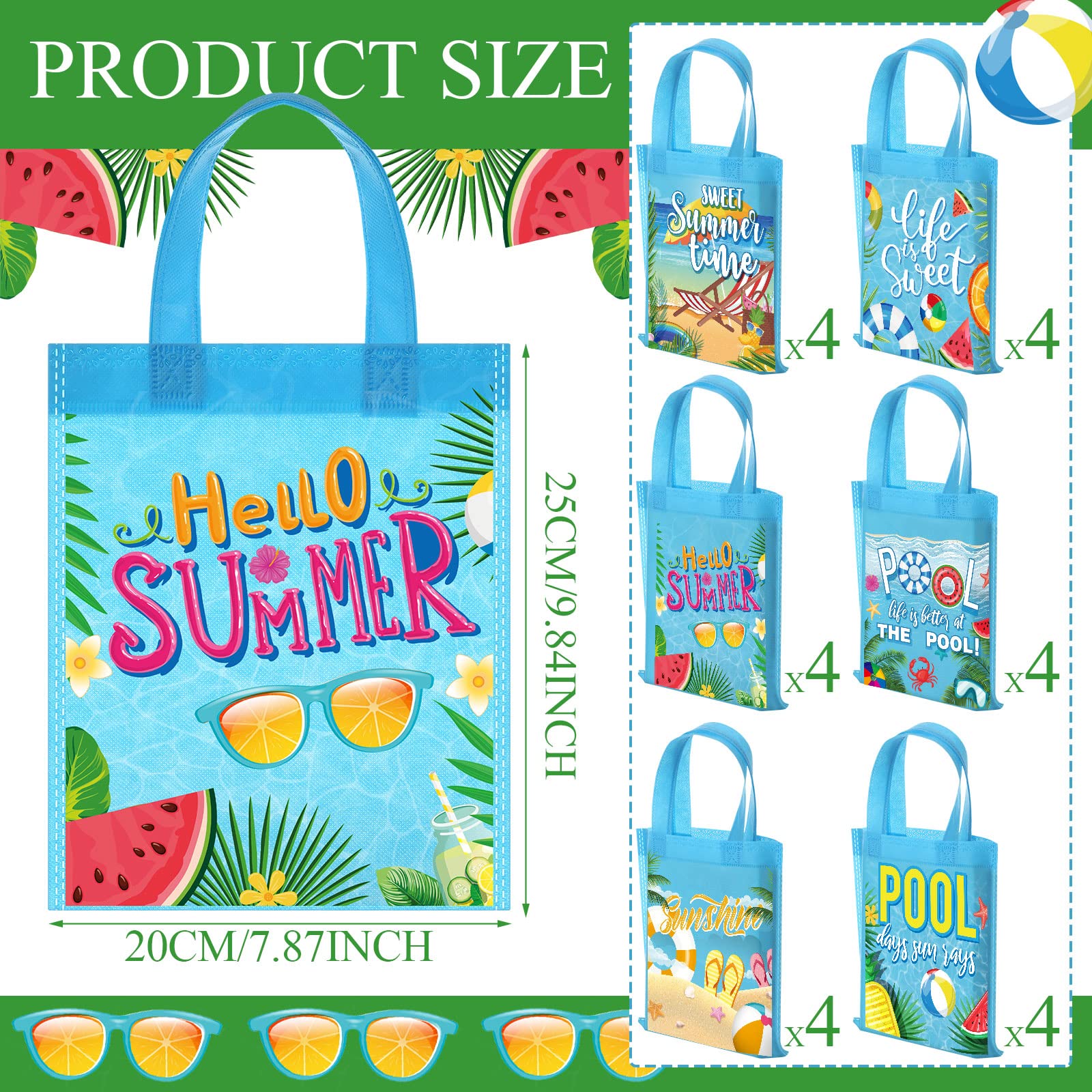 24 Pcs Summer Pool Party Reusable Gift Bags Beach Ball Party Goodie Bags Summer Beach Themed Party Decorations Treat Bags Non Woven Tote Bags for Baby Shower Kids Birthday Supplies