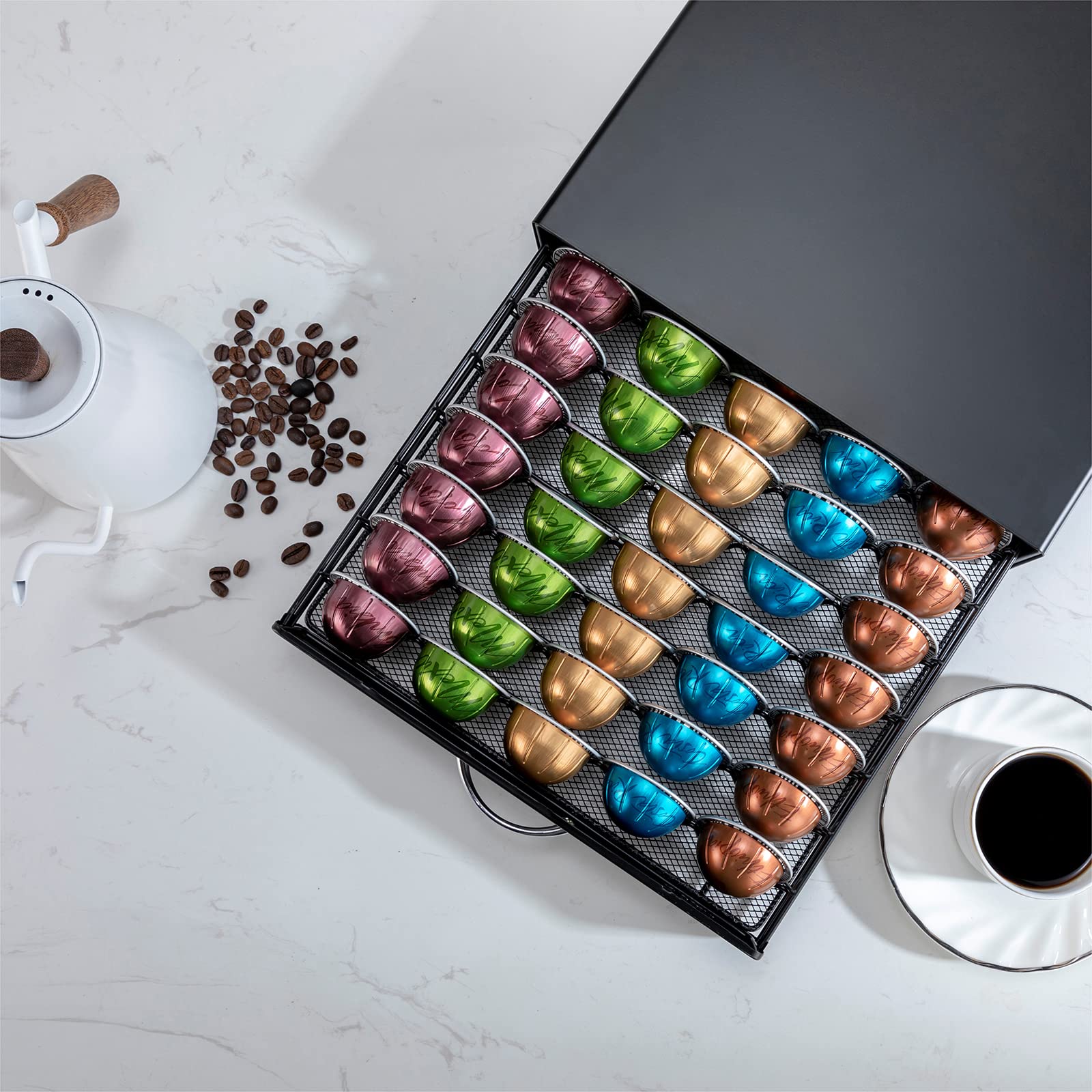 ZCDCP Nespresso Pod Holder Vertuo pod Storage Drawer Black Metal Coffee Pod Holder for Vertuoline Capsule Orgainzer 50 Pods