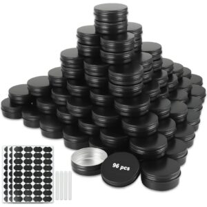obkjj 96 pack round cans with screw lid 2 oz aluminum metal tins diy food candle containers for lotion bars, balms, salve, spices, beard balm, crafts with 4 markers 3 sheets label stickers (black)