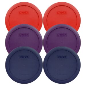 pyrex 7201-pc (2) poppy red, (2) purple, & (2) blue round 4 cup plastic storage lids, made in usa