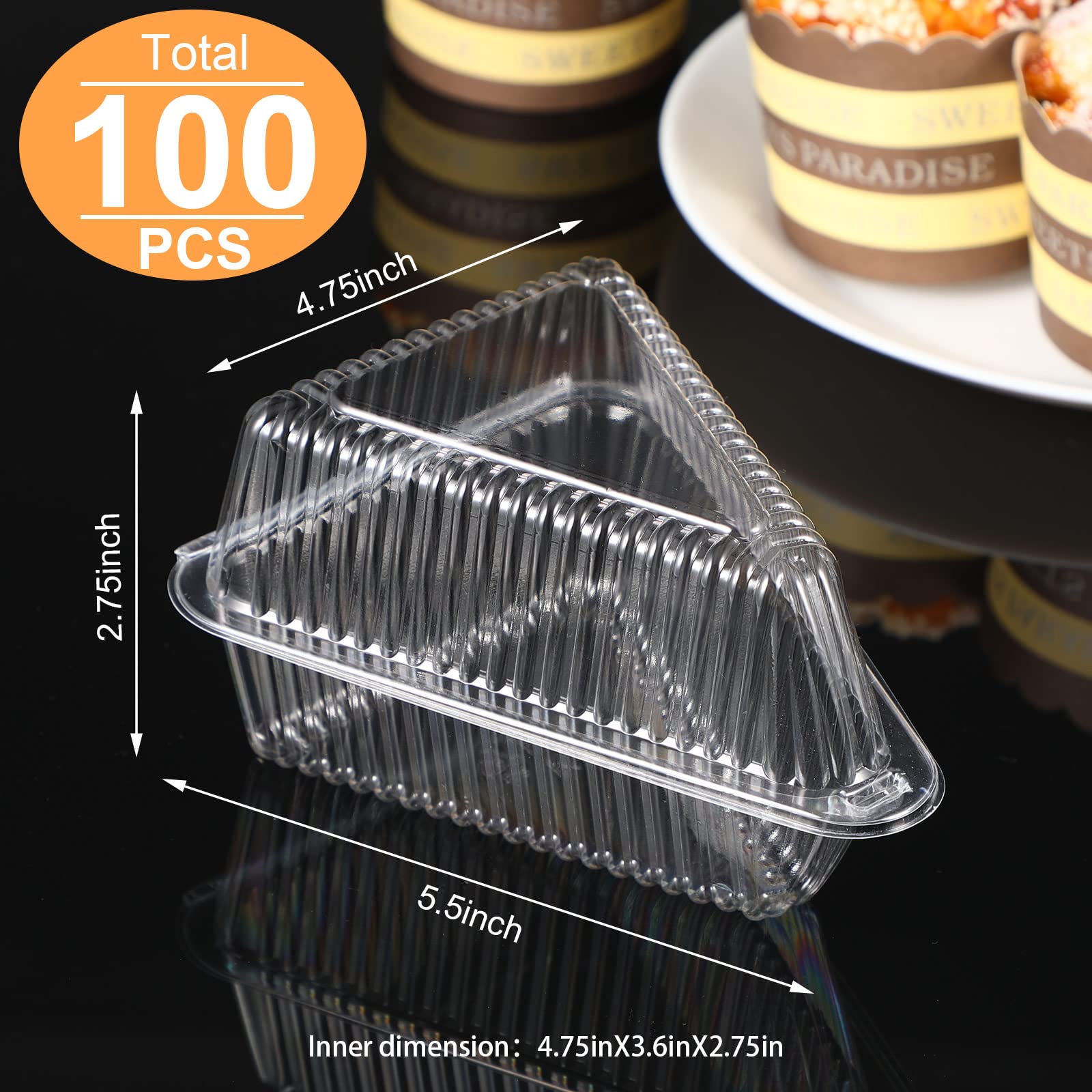 100 Piece Pie Container with Lid Clear Cake Slice Container Plastic Medium Dome Hinged Lid Cheesecake Container, Pie Dessert, Food Box, Take out Packaging for Home, Bakery and Cafe Business