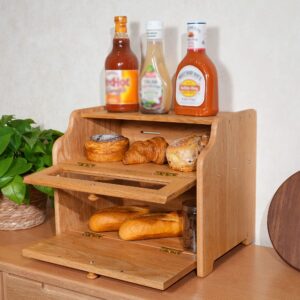 CONSDAN Bread Box, Solid Wood Oak Bread Box for Kitchen Countertop, Double Layer Bread Container for Bread Storage, Large Capacity Breadbox with Clear Window, Nature