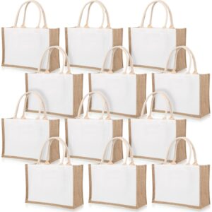 12 pieces burlap tote bags set white and jute tote bag with handles blank large burlap reusable grocery bags water resistant for bridesmaid gift shopping diy bags, 14.57 x 10.24 x 6.69 inches