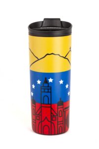 costablue venezuela vacuum insulated stainless steel thermal travel mug, 16 oz, easy clean, flip leak proof lid venezuelan flag with icons from caracas