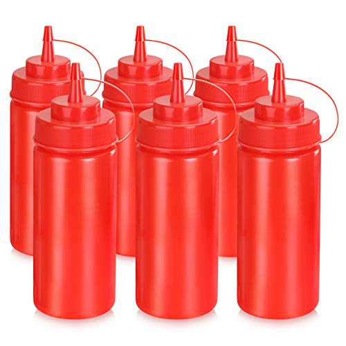 New Star Foodservice 26344 Squeeze Bottles, Plastic, Wide Mouth, 16 oz, Red, Pack of 6