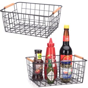 hdyoudo metal wire food storage basket organizer with wooden handles for organizing kitchen cabinets, 2 packs-black
