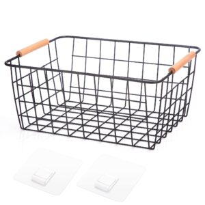 HDYOUDO Metal Wire Food Storage Basket Organizer with Wooden Handles for Organizing Kitchen Cabinets, 2 Packs-Black