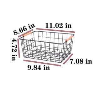 HDYOUDO Metal Wire Food Storage Basket Organizer with Wooden Handles for Organizing Kitchen Cabinets, 2 Packs-Black