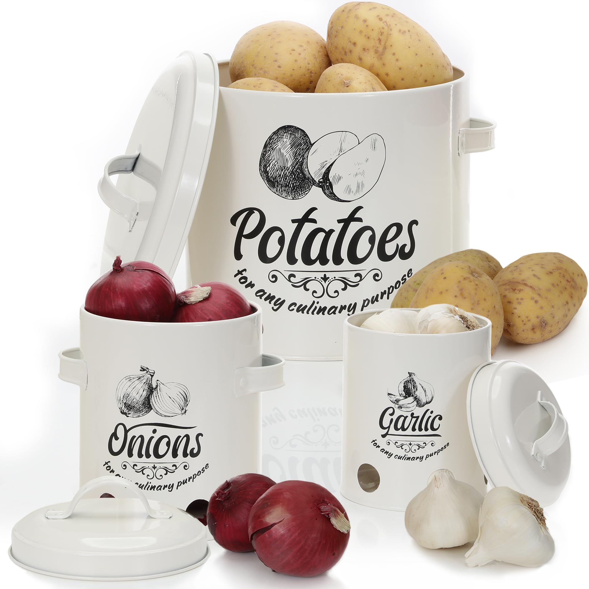 Prosper Culinary Potato and Onion Storage Bin with Garlic Holder - 3 Containers - Farmhouse Kitchen Countertop Canister - Vegetable Keeper for Potatoes, Onions, Garlic