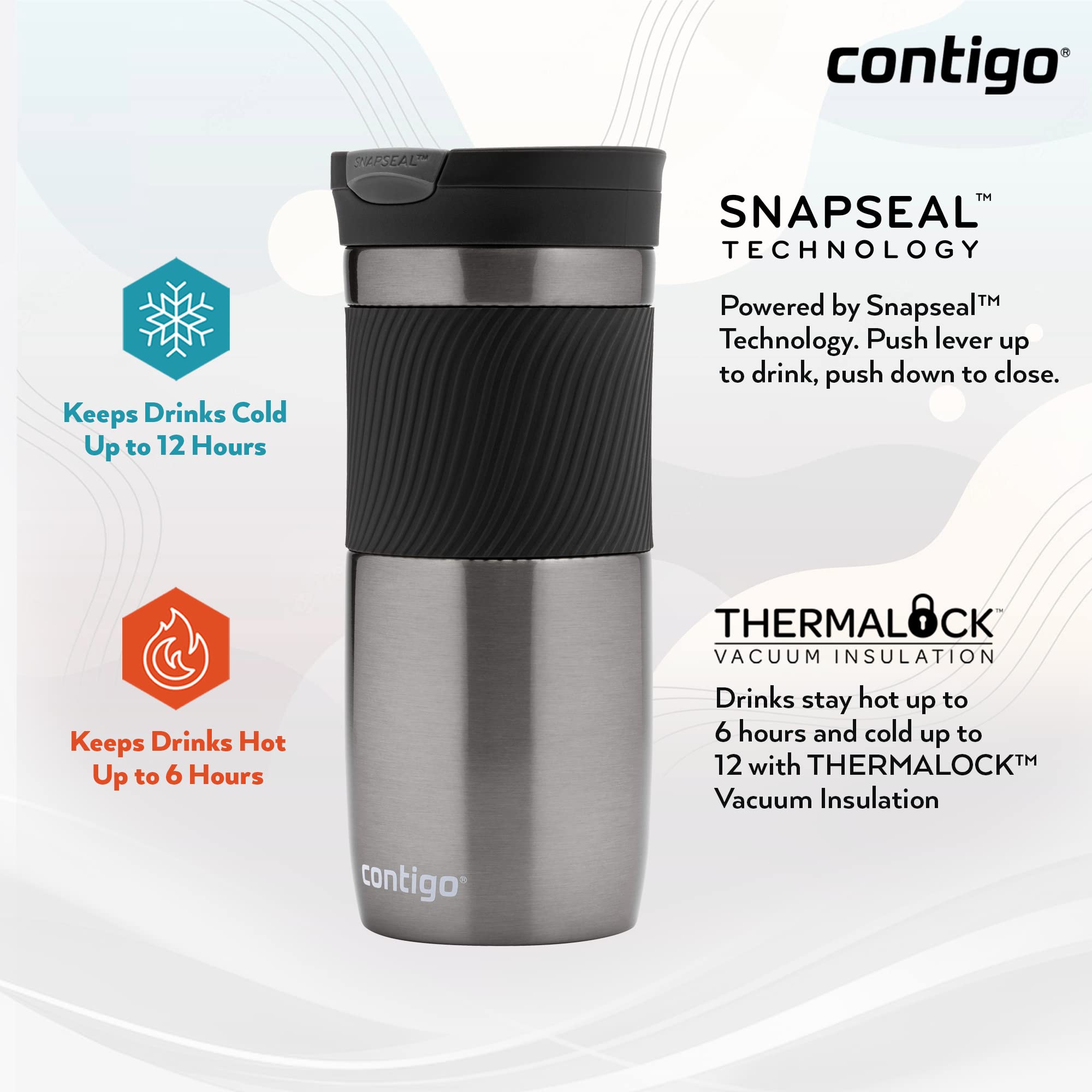 Contigo Byron Snapseal Travel Mug, Stainless Steel Thermal mug, vacuum flask, leakproof tumbler, coffee mug with BPA free Easy-Clean Lid, 470 ml, Gunmetal