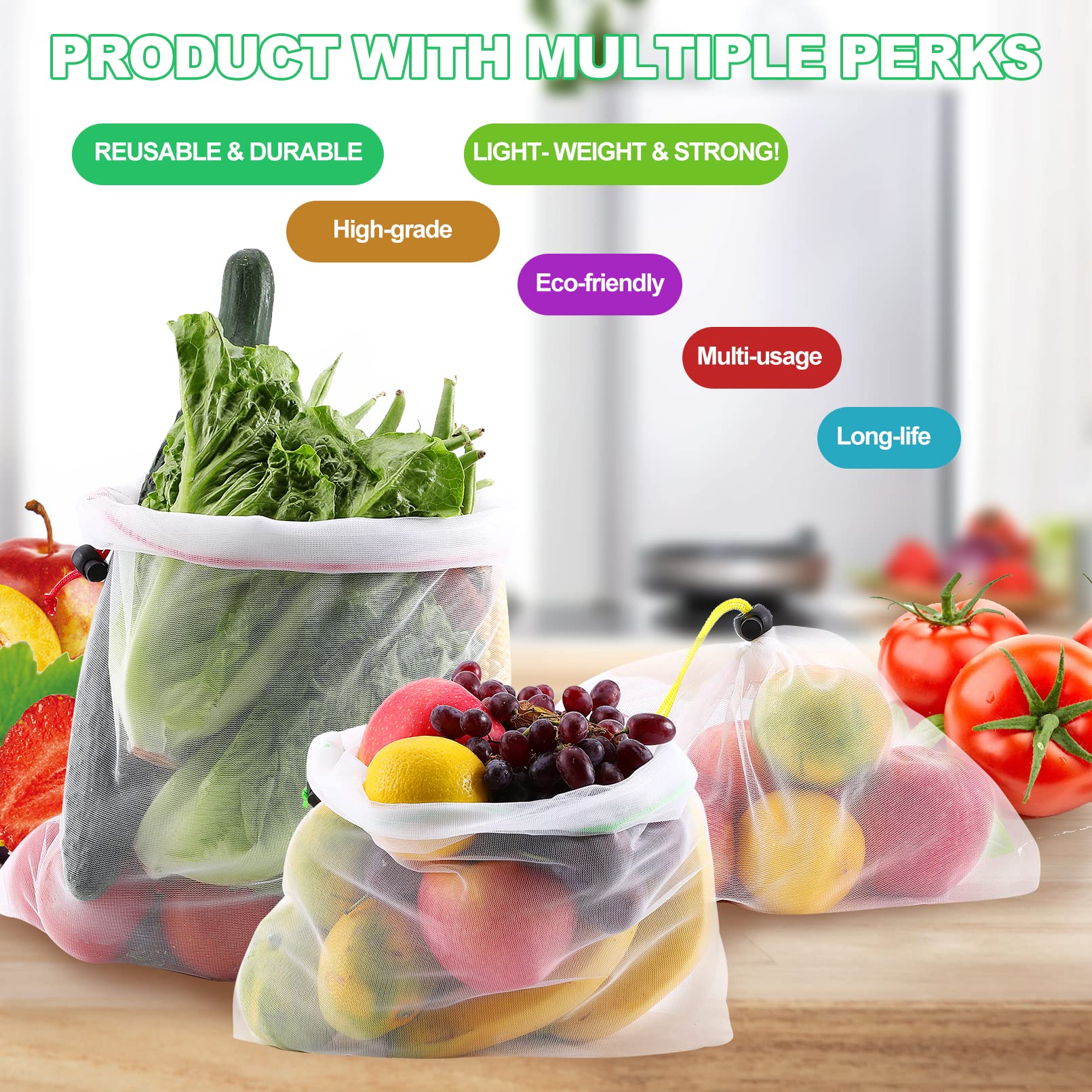 20 Pack Reusable Produce Bags,Mesh Produce Bags Washable,See-Through Vegetables Fruits Bag,Premium Strength Toy Storage Mesh Bags with Drawstring for Fruits Vegetables Fridge Storage Toys,3 Sizes