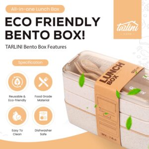 TARLINI | Premium Beige Bento Box for Adults - 3-Stackable Containers - Ideal for Work & On-The-Go - Includes Utensil Set - Eco-Friendly Design - Lunch Box Containers for Healthy Meal Prep | 35 oz