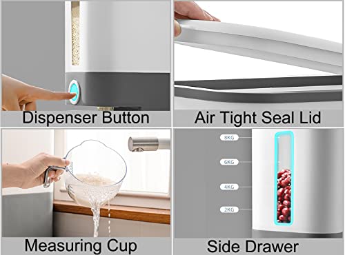 Sooyee 22 Lbs Rice Dispenser with Measuring Cup,Large Rice Container, Food Storage Containers for Rice, Corn,Soybean & Oatmeal,Airtight, Moisture Proof