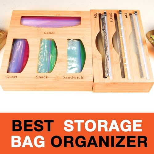 Mr Carib Chef Foil and Plastic Wrap Organizer, bamboo storage bag organizer for kitchen drawer, sandwich snack quart freezer bag organizer, baggie for kitchen plastic bag storage