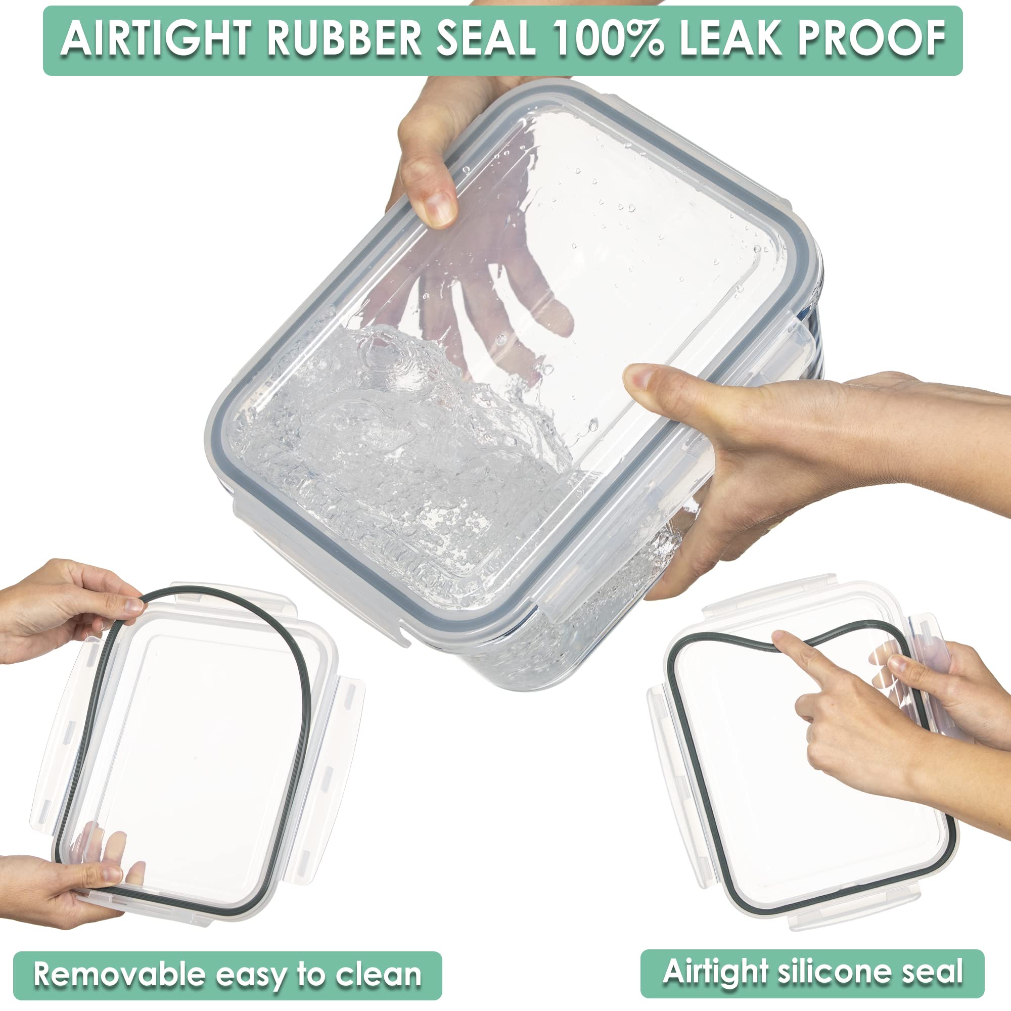 Large Glass Food Storage Container - Baking Containers with Hinged Locking Lids. 100% Leak Proof. 12 Cups / 3000 ml