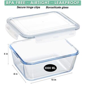 Large Glass Food Storage Container - Baking Containers with Hinged Locking Lids. 100% Leak Proof. 12 Cups / 3000 ml