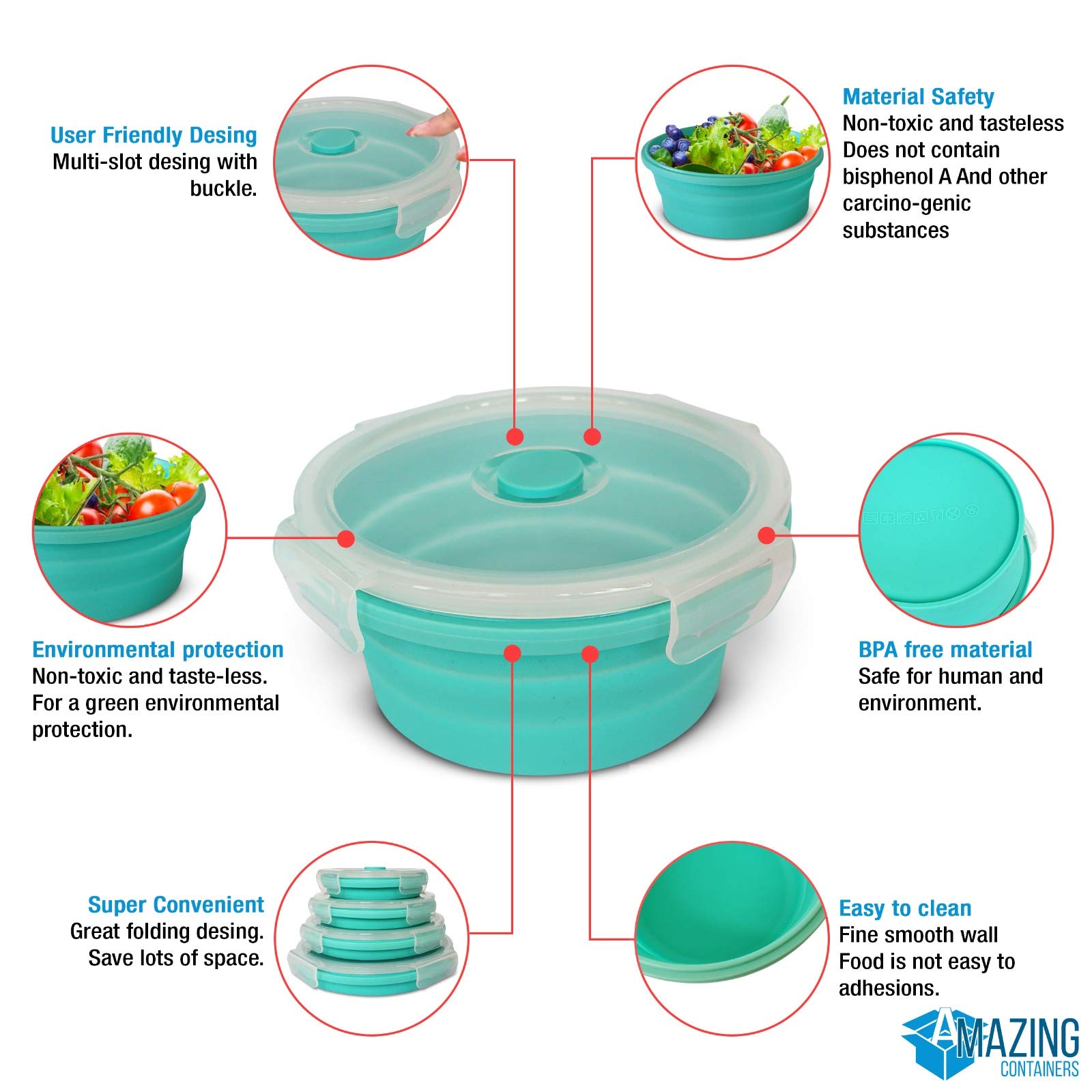 AMAZING CONTAINERS Set of 4 Silicone Collapsible Food Storage Container with Airtight Lid|Foldable Stackable Space-saving containers for Kitchen|Microwave Dishwasher and Freezer Safe