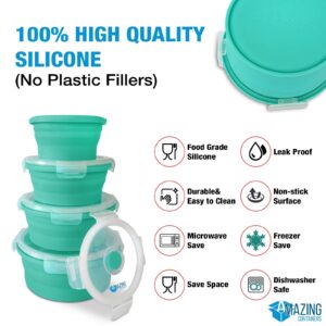 AMAZING CONTAINERS Set of 4 Silicone Collapsible Food Storage Container with Airtight Lid|Foldable Stackable Space-saving containers for Kitchen|Microwave Dishwasher and Freezer Safe