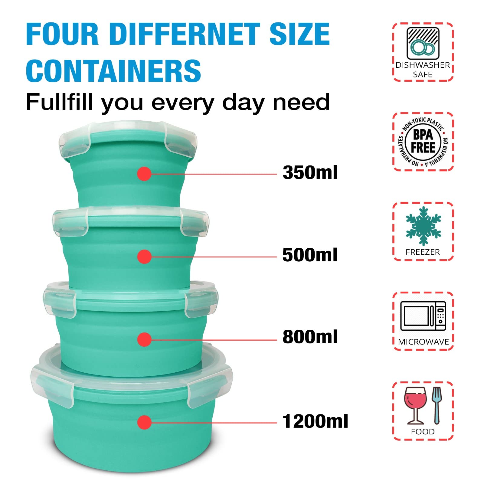 AMAZING CONTAINERS Set of 4 Silicone Collapsible Food Storage Container with Airtight Lid|Foldable Stackable Space-saving containers for Kitchen|Microwave Dishwasher and Freezer Safe