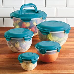 Rachael Ray Leak-Proof Nestable Container Food Storage Bin Set, 10-Piece, Clear with Teal Lids