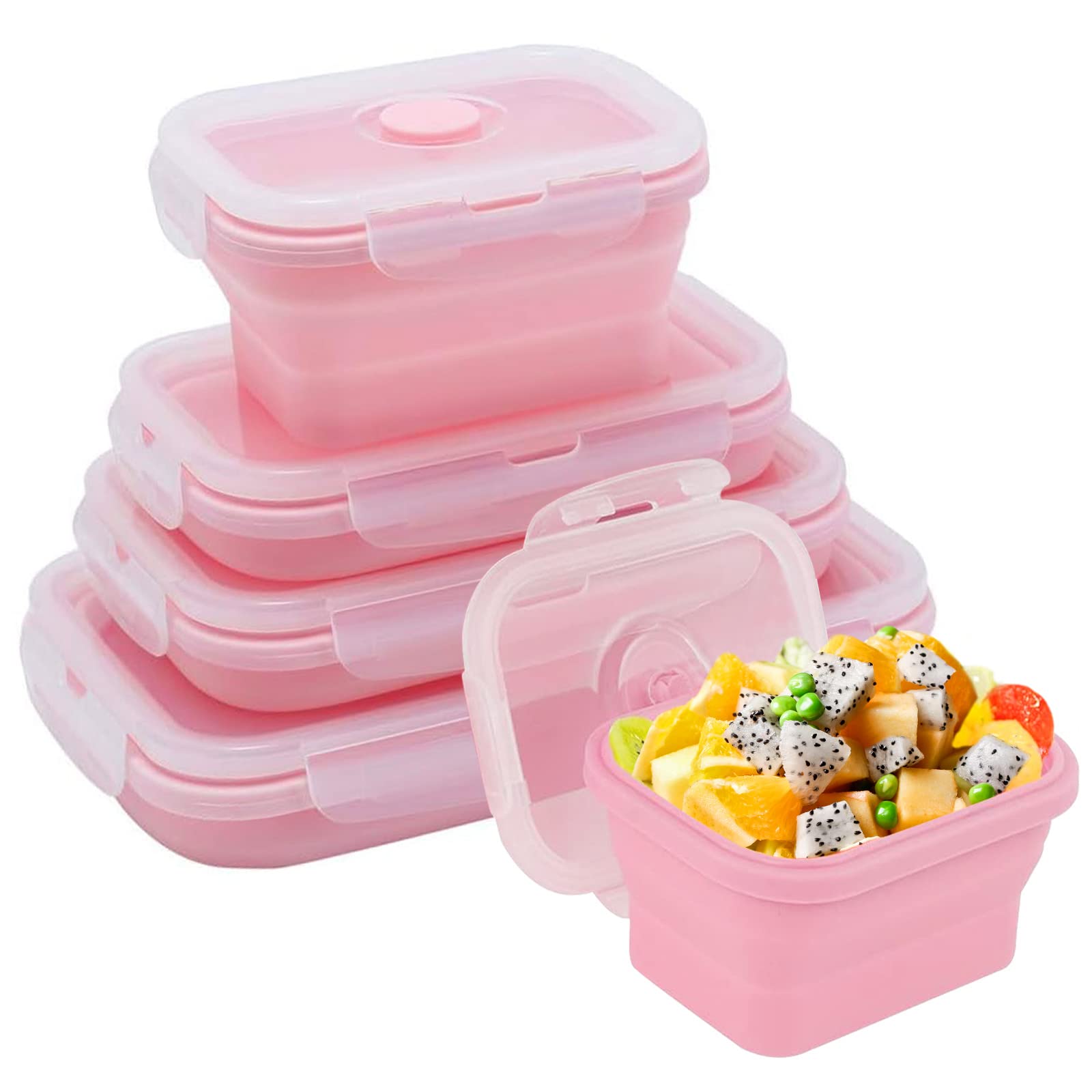 Yagote 4 Pcs Silicone Collapsible Food Storage Containers with Lids Silicone Lunch Box Bento Box BPA free for Kitchen Pantry Organization Microwave Freezer (4pcs-Pink)