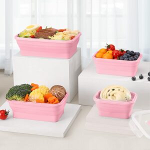 Yagote 4 Pcs Silicone Collapsible Food Storage Containers with Lids Silicone Lunch Box Bento Box BPA free for Kitchen Pantry Organization Microwave Freezer (4pcs-Pink)