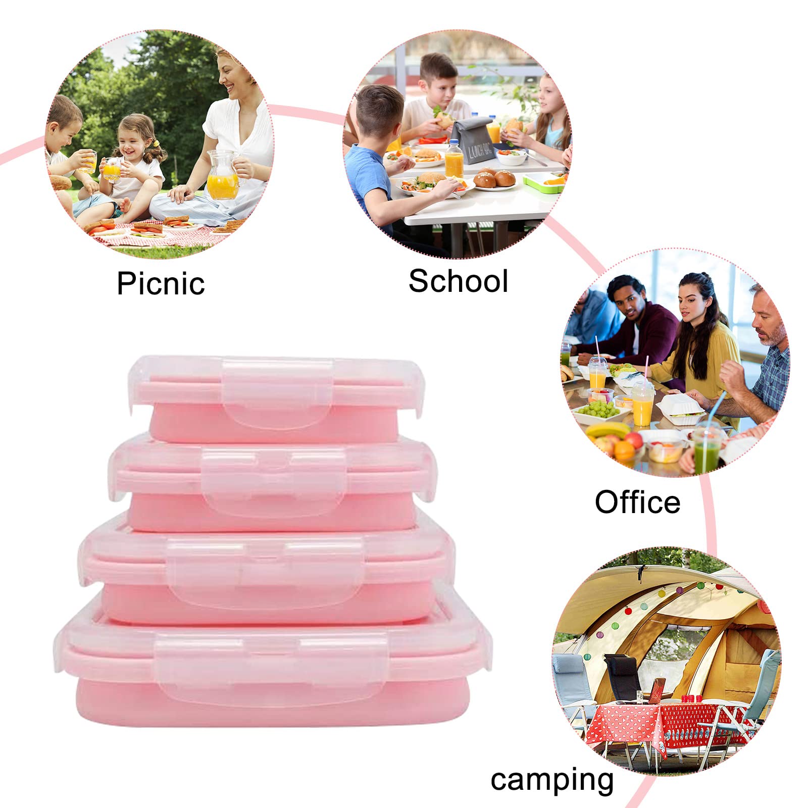 Yagote 4 Pcs Silicone Collapsible Food Storage Containers with Lids Silicone Lunch Box Bento Box BPA free for Kitchen Pantry Organization Microwave Freezer (4pcs-Pink)