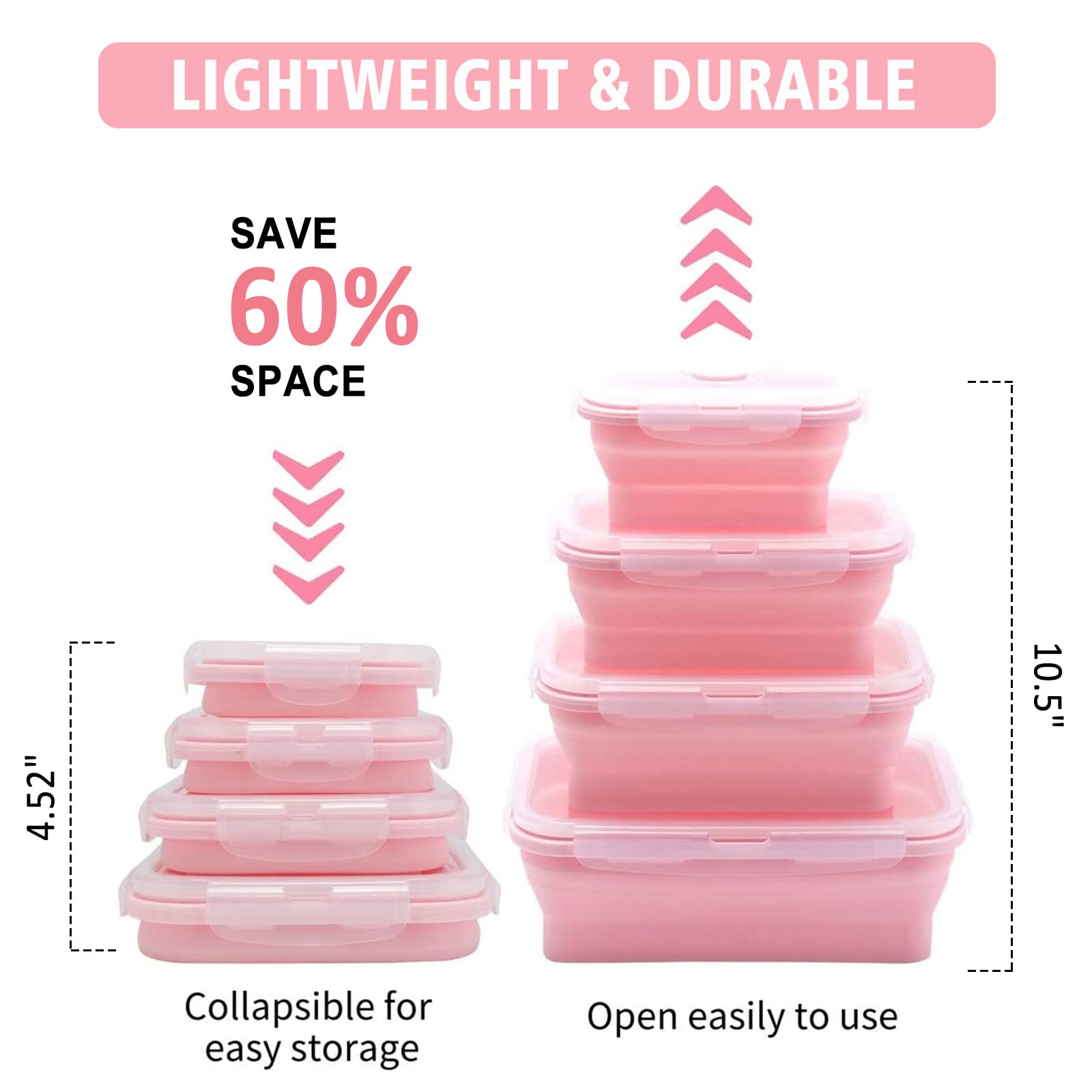 Yagote 4 Pcs Silicone Collapsible Food Storage Containers with Lids Silicone Lunch Box Bento Box BPA free for Kitchen Pantry Organization Microwave Freezer (4pcs-Pink)