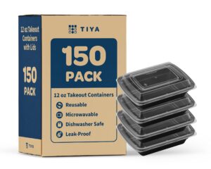 tiya takeout food containers - 12 oz bulk 150 pack with lids - rectangular plastic food storage - reusable microwavable dishwasher safe restaurant set - leak proof for to-go & meal prep