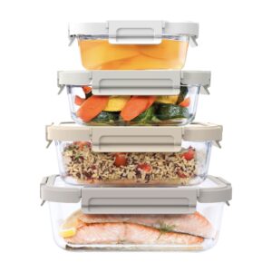 bentgo®️ glass leak-proof food storage set - 8 piece stackable 1-compartment meal prep containers & airtight locking lids, reusable, bpa-free, microwave, freezer, oven, dishwasher safe (white stone)