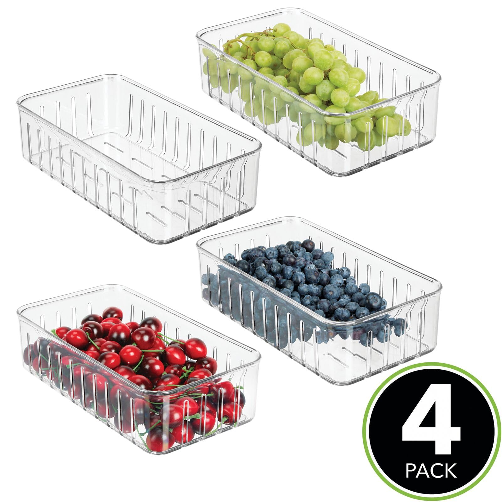 mDesign Plastic Kitchen Refrigerator Produce Storage Organizer Bin with Open Vents for Air Circulation - Food Container for Fruit, Vegetables, Lettuce, Cheese, Fresh Herbs, Snacks - S, 4 Pack - Clear