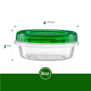 Elegant Disposables (8 Ounce 10 Pack) Twist cap Containers Clear Bottom With Green Top Screw on Lids Twist Top Food Storage Freezer Containers