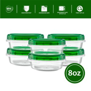 Elegant Disposables (8 Ounce 10 Pack) Twist cap Containers Clear Bottom With Green Top Screw on Lids Twist Top Food Storage Freezer Containers