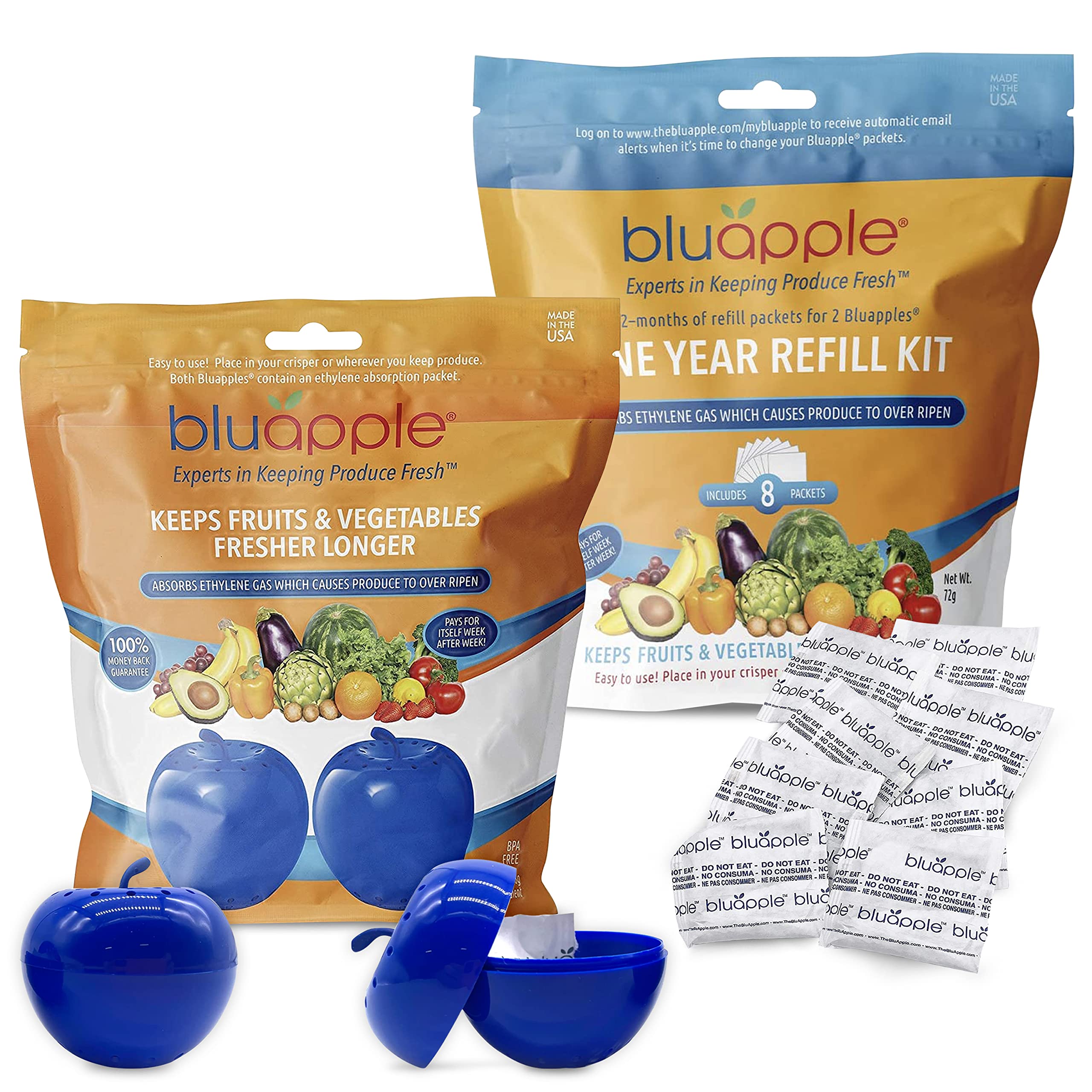 Bluapple Classic Produce Saver 15-Month Bundle, Vegetable & Fruit Fresh Produce Protector, Ethylene Gas Absorber, Food Freshness Extender, Fresh Fruit Preserver, Vegetable Saver, USA-Made BPA-Free