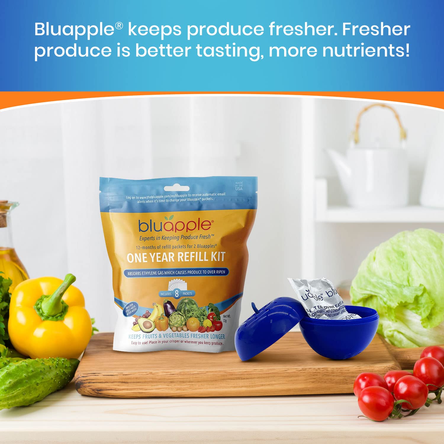 Bluapple Classic Produce Saver 15-Month Bundle, Vegetable & Fruit Fresh Produce Protector, Ethylene Gas Absorber, Food Freshness Extender, Fresh Fruit Preserver, Vegetable Saver, USA-Made BPA-Free