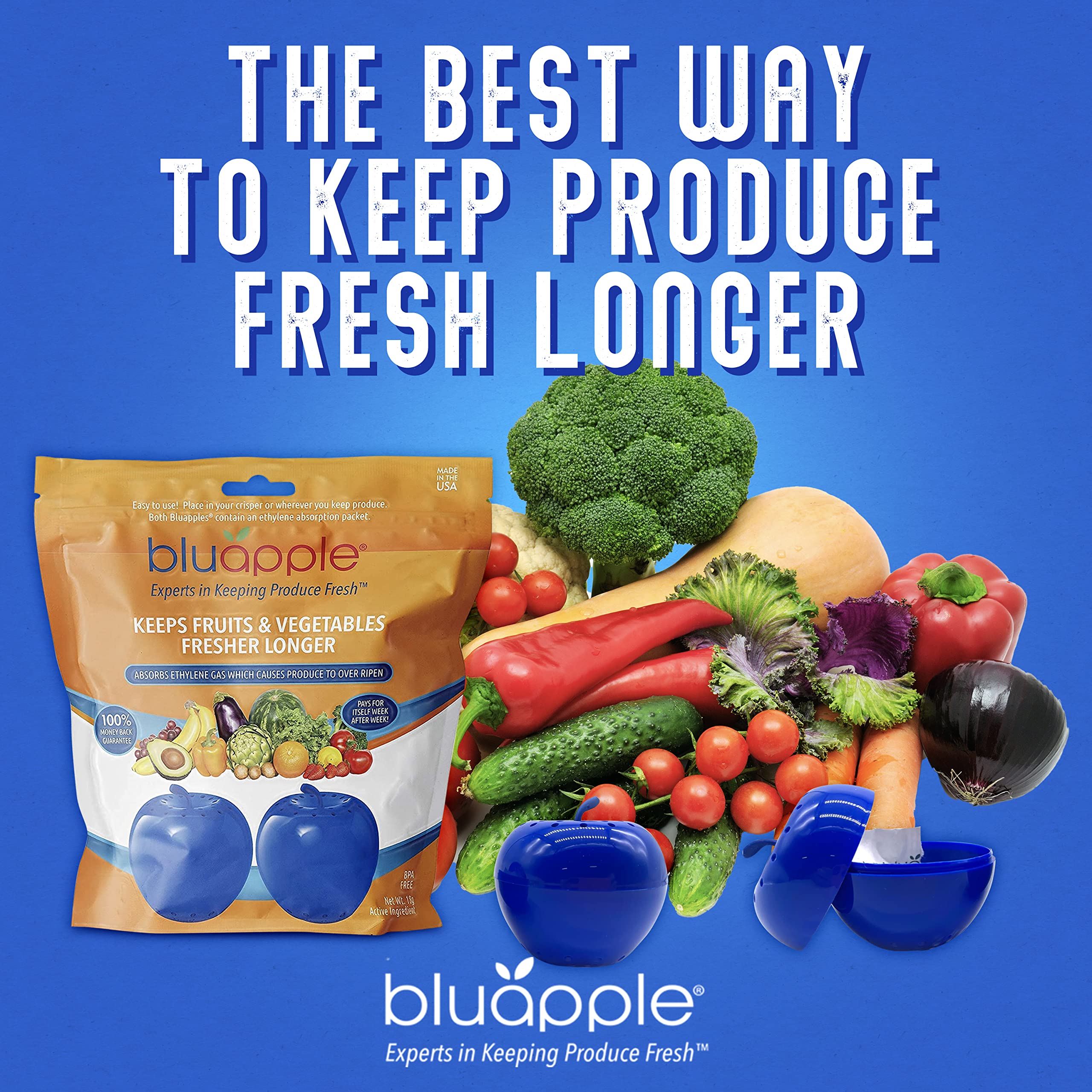 Bluapple Classic Produce Saver 15-Month Bundle, Vegetable & Fruit Fresh Produce Protector, Ethylene Gas Absorber, Food Freshness Extender, Fresh Fruit Preserver, Vegetable Saver, USA-Made BPA-Free