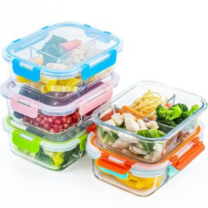 umeied glass meal prep containers 3 compartment with lids (5 pack, 36oz), divided glass storage containers for lunch at work, leak-proof portion control food containers, microwave/dishwasher safe