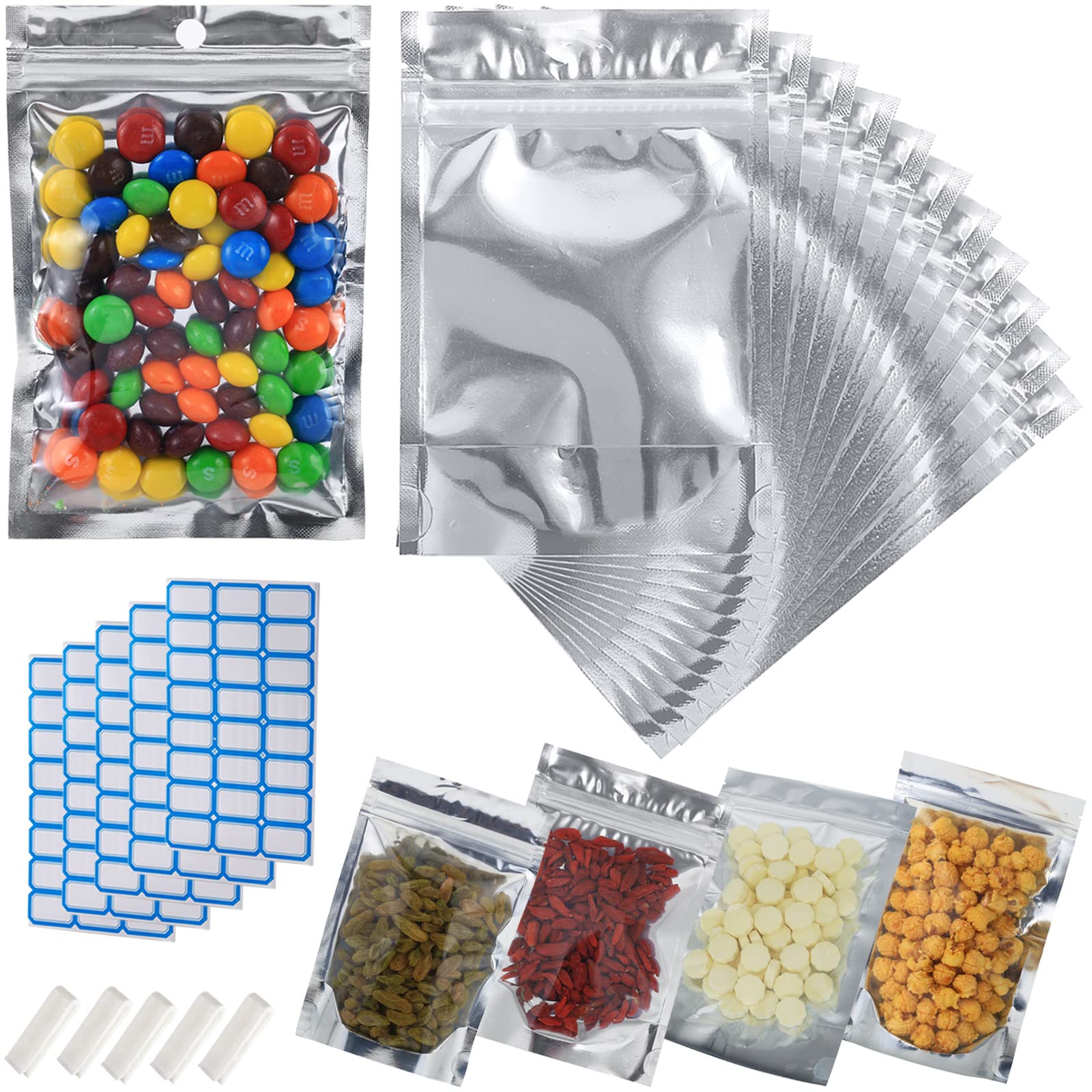 100-Pack Reclosable Small Mylar Bags for Food Storage 4" x 6" Stand Up Ziplock Pouch Bags in Bulk Resealable Smell Proof Aluminum Silver Foil Bags with Clear Window Kitchen Storage Edible Packaging