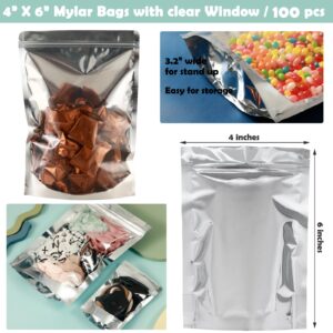 100-Pack Reclosable Small Mylar Bags for Food Storage 4" x 6" Stand Up Ziplock Pouch Bags in Bulk Resealable Smell Proof Aluminum Silver Foil Bags with Clear Window Kitchen Storage Edible Packaging