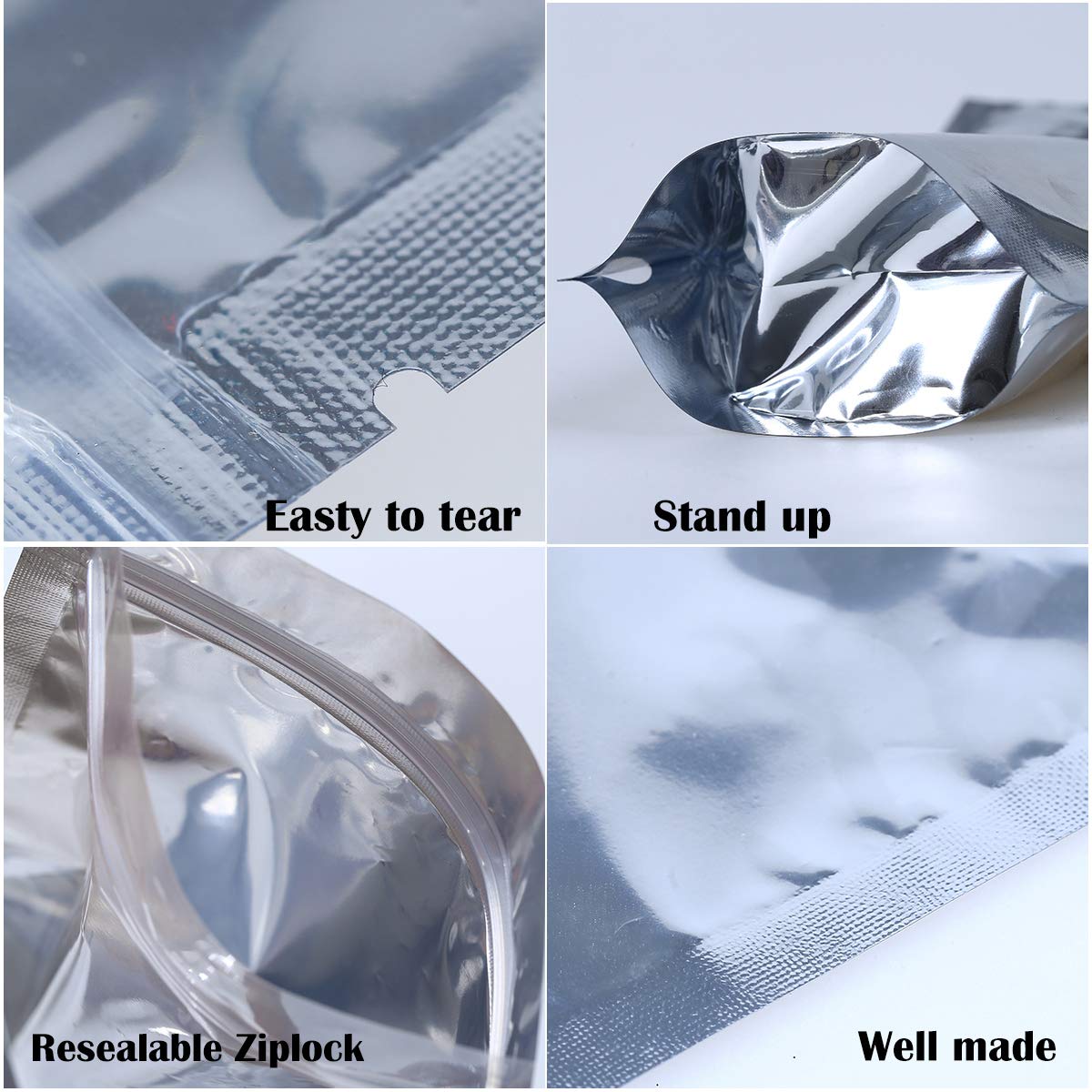 100-Pack Reclosable Small Mylar Bags for Food Storage 4" x 6" Stand Up Ziplock Pouch Bags in Bulk Resealable Smell Proof Aluminum Silver Foil Bags with Clear Window Kitchen Storage Edible Packaging