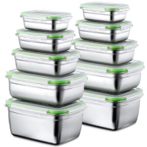 nuanchu 10 pcs stainless steel food storage containers with lids metal meal prep containers rectangular bento lunch box set leak proof airtight for adults dishwasher microwave refrigerator (green)