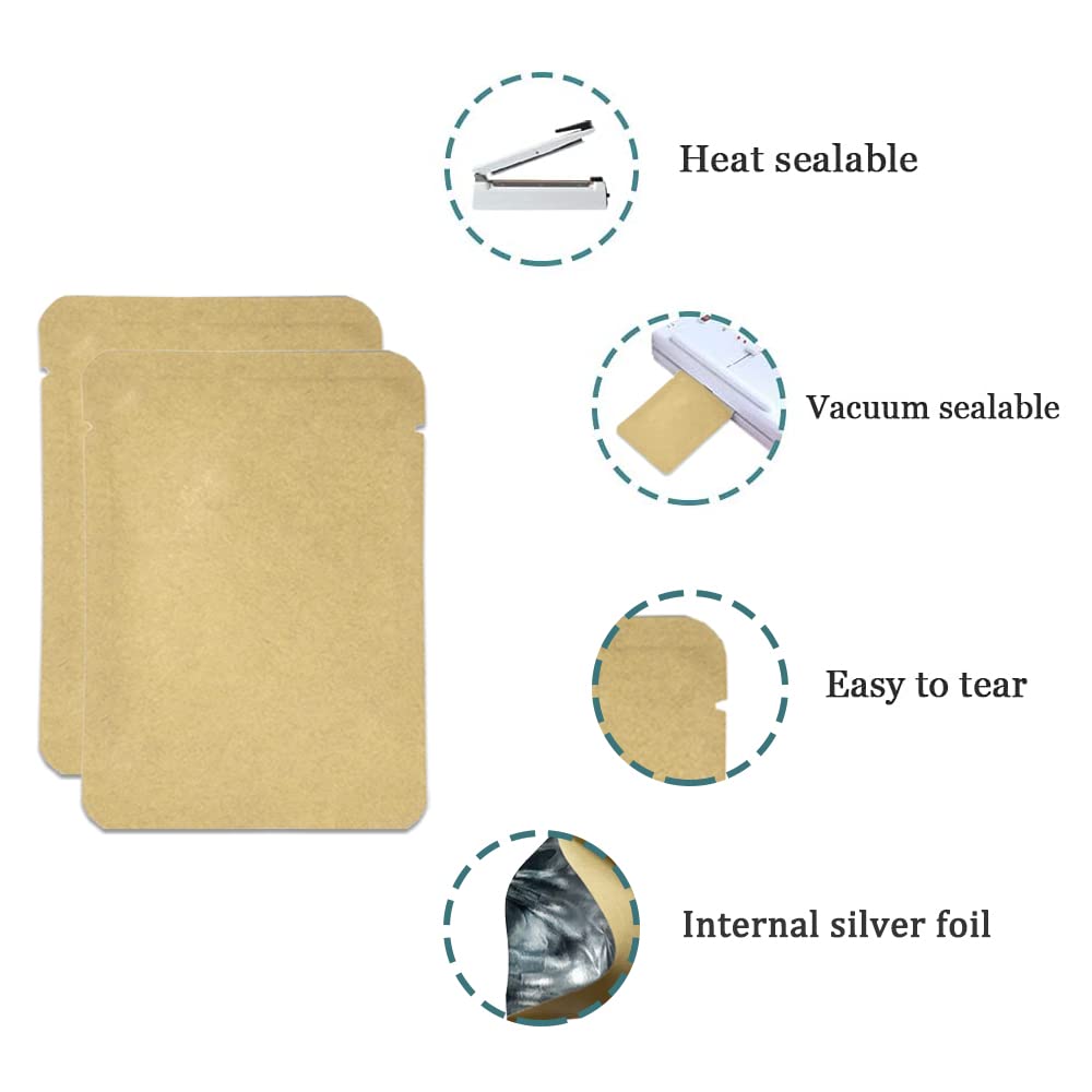 FERENLI 100 Pieces Kraft Paper Open Top Vacuum Sealable Bags Mylar Foil Heat Seal Pouches for Sample Food Storage Packaging with Tear Notches 2.3x3.5 inch