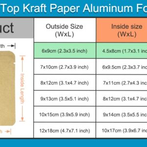 FERENLI 100 Pieces Kraft Paper Open Top Vacuum Sealable Bags Mylar Foil Heat Seal Pouches for Sample Food Storage Packaging with Tear Notches 2.3x3.5 inch