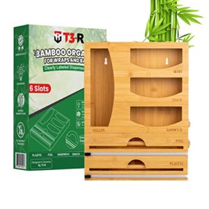 t3-r foil and plastic wrap organizer - 6-in-1 bamboo organizer plastic wrap dispenser with cutter for kitchen drawer - best use for sandwich bag, aluminum foil, wax paper and plastic wrap