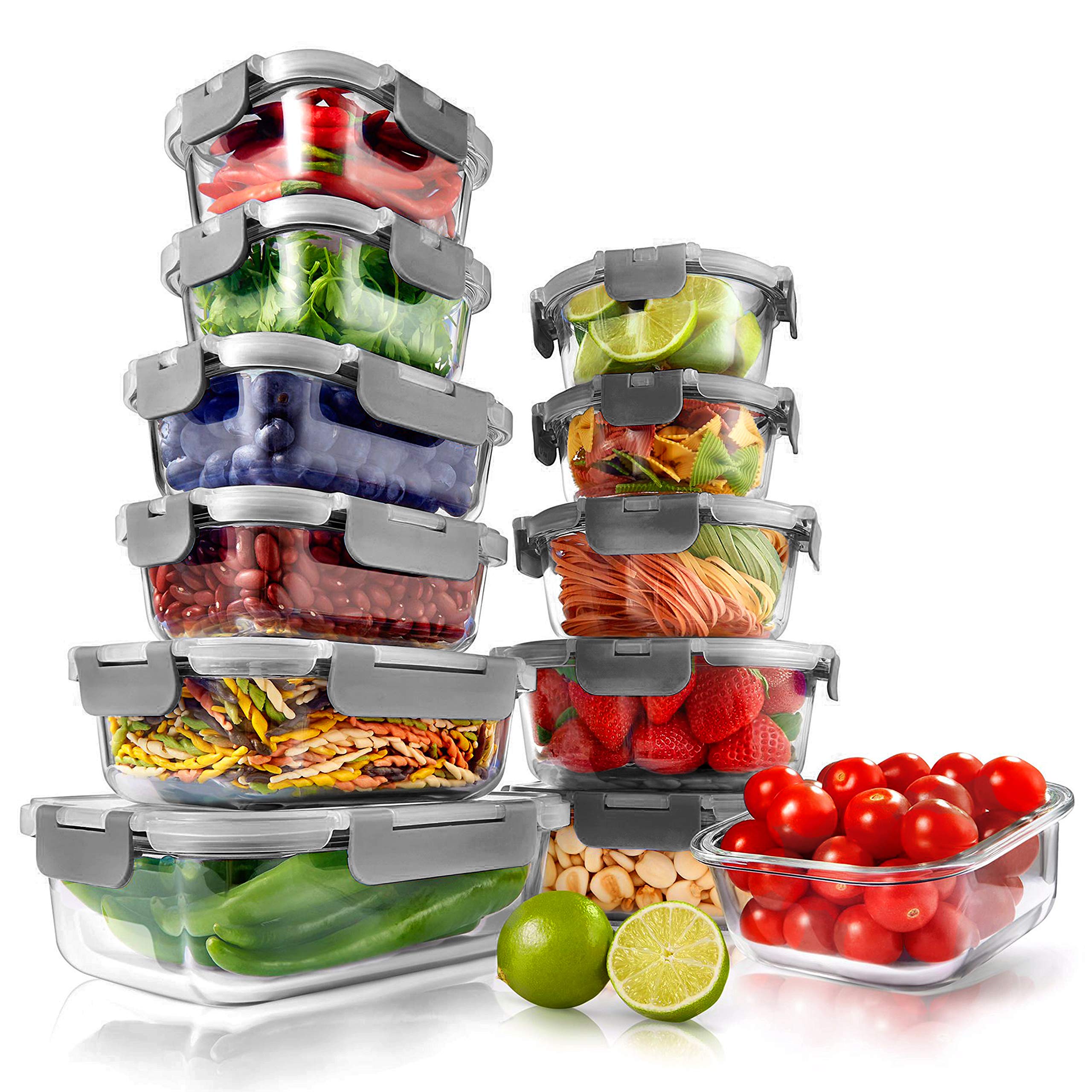 NutriChef 24-Piece Glass Food Storage Containers - Stackable Superior Glass Meal-prep Containers w/Newly Innovated Hinged BPA-Free 100% Leakproof Locking Lids - Freezer-to-Oven-Safe NCGLGY.5 (Gray)