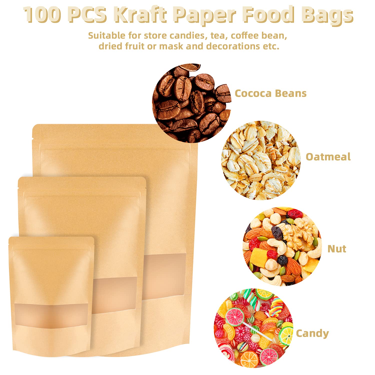 100 Pcs Kraft Stand Up Pouches - 5.5 x 7.9 Inch Resealable Zip Lock Food Storage Bags with Matte Window for Packaging