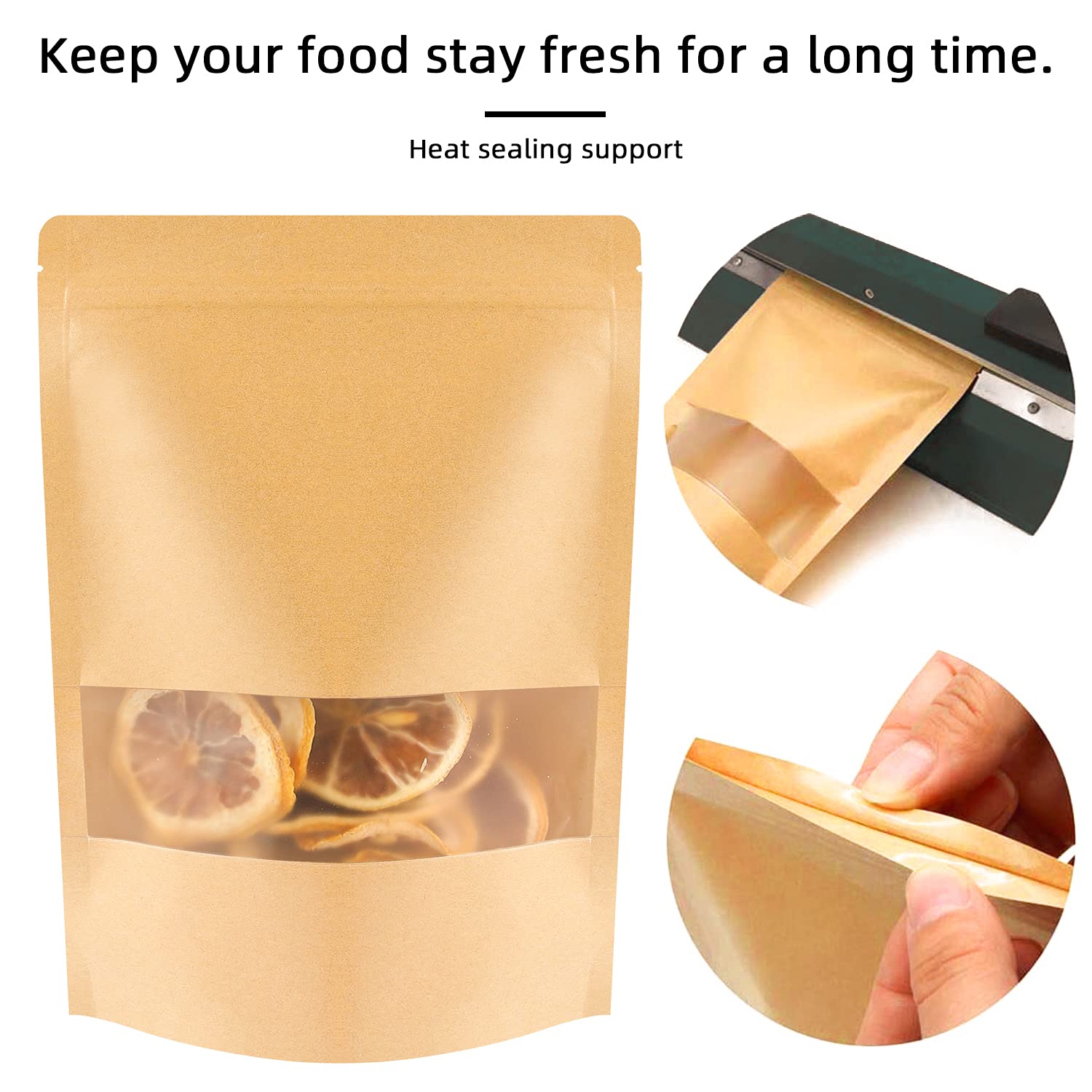 100 Pcs Kraft Stand Up Pouches - 5.5 x 7.9 Inch Resealable Zip Lock Food Storage Bags with Matte Window for Packaging