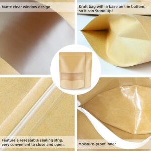 100 Pcs Kraft Stand Up Pouches - 5.5 x 7.9 Inch Resealable Zip Lock Food Storage Bags with Matte Window for Packaging