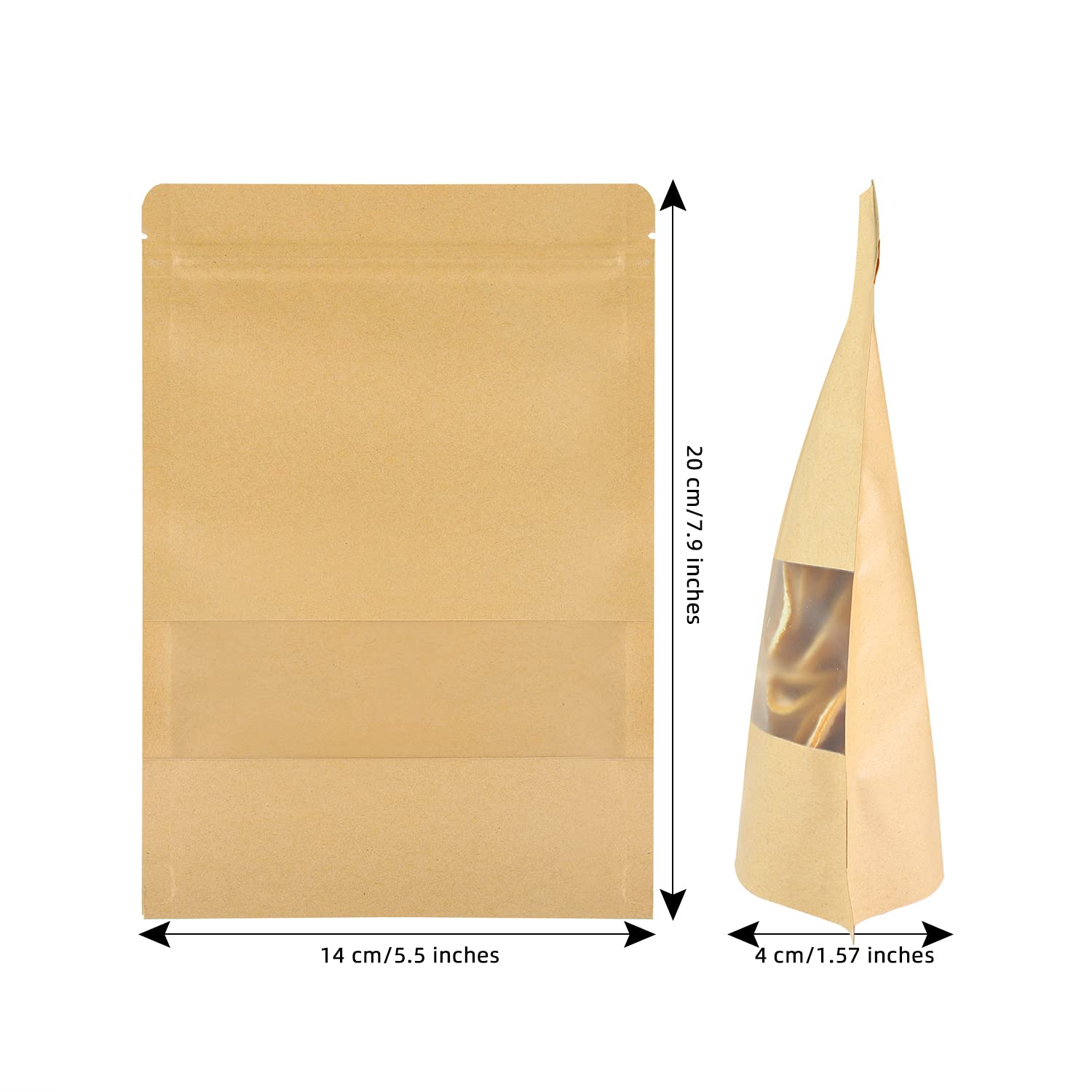 100 Pcs Kraft Stand Up Pouches - 5.5 x 7.9 Inch Resealable Zip Lock Food Storage Bags with Matte Window for Packaging